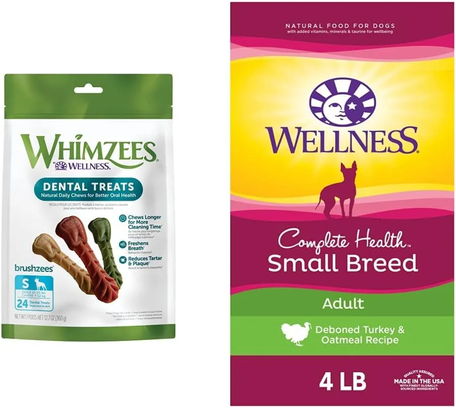 WHIMZEES by Wellness Small Breed Dental Treat   Food Bundle: Brushzees Small Breed, 24 count   Wellness Complete Health Small Breed Food For Dogs Up to 25 lbs, Turkey & Oatmeal, 4-Pound Trial Bag
