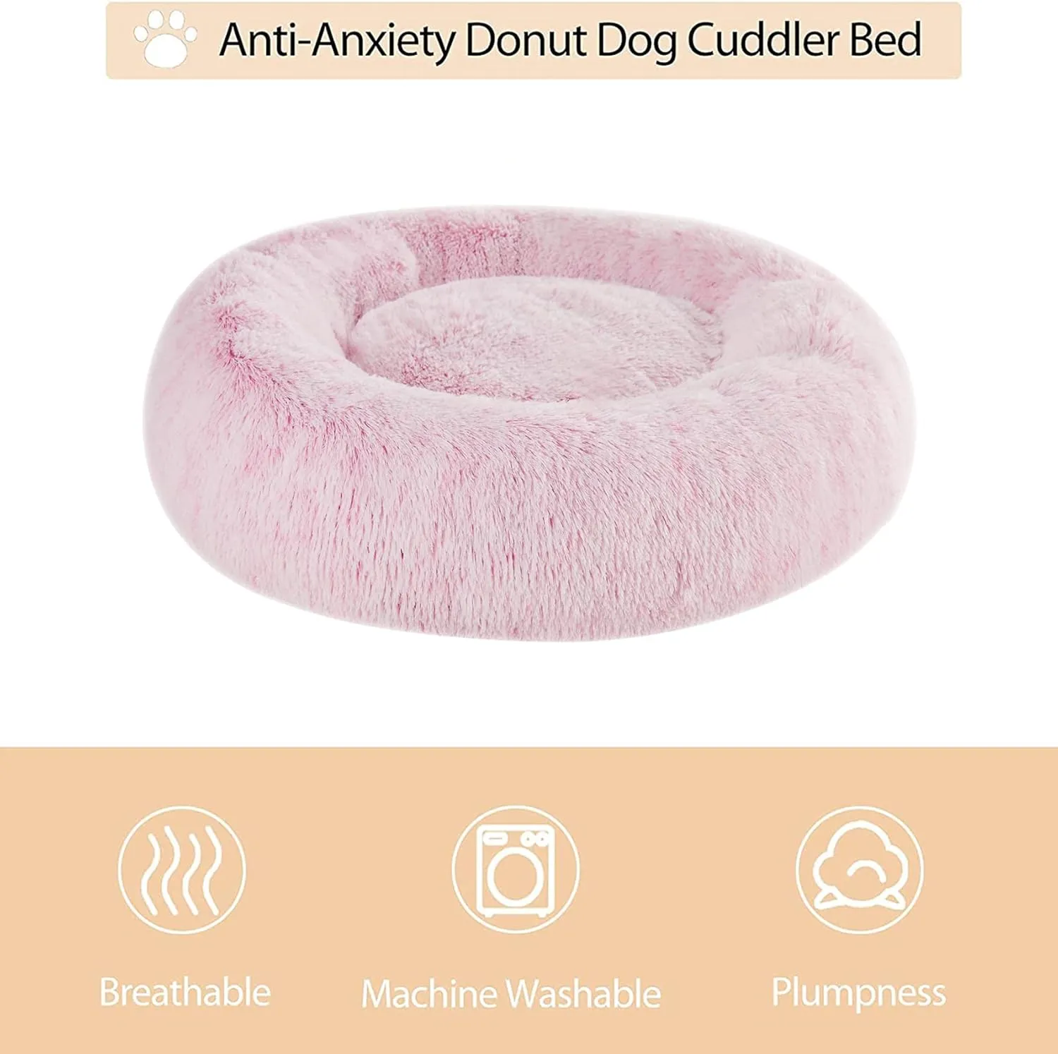 WNPETHOME Calming Dog Bed Cat Bed Donut, Faux Fur Pet Bed Self-Warming Donut Cuddler, Comfortable Round Plush Dog Beds (20 x 20 x 8 Inch, Light Pink)