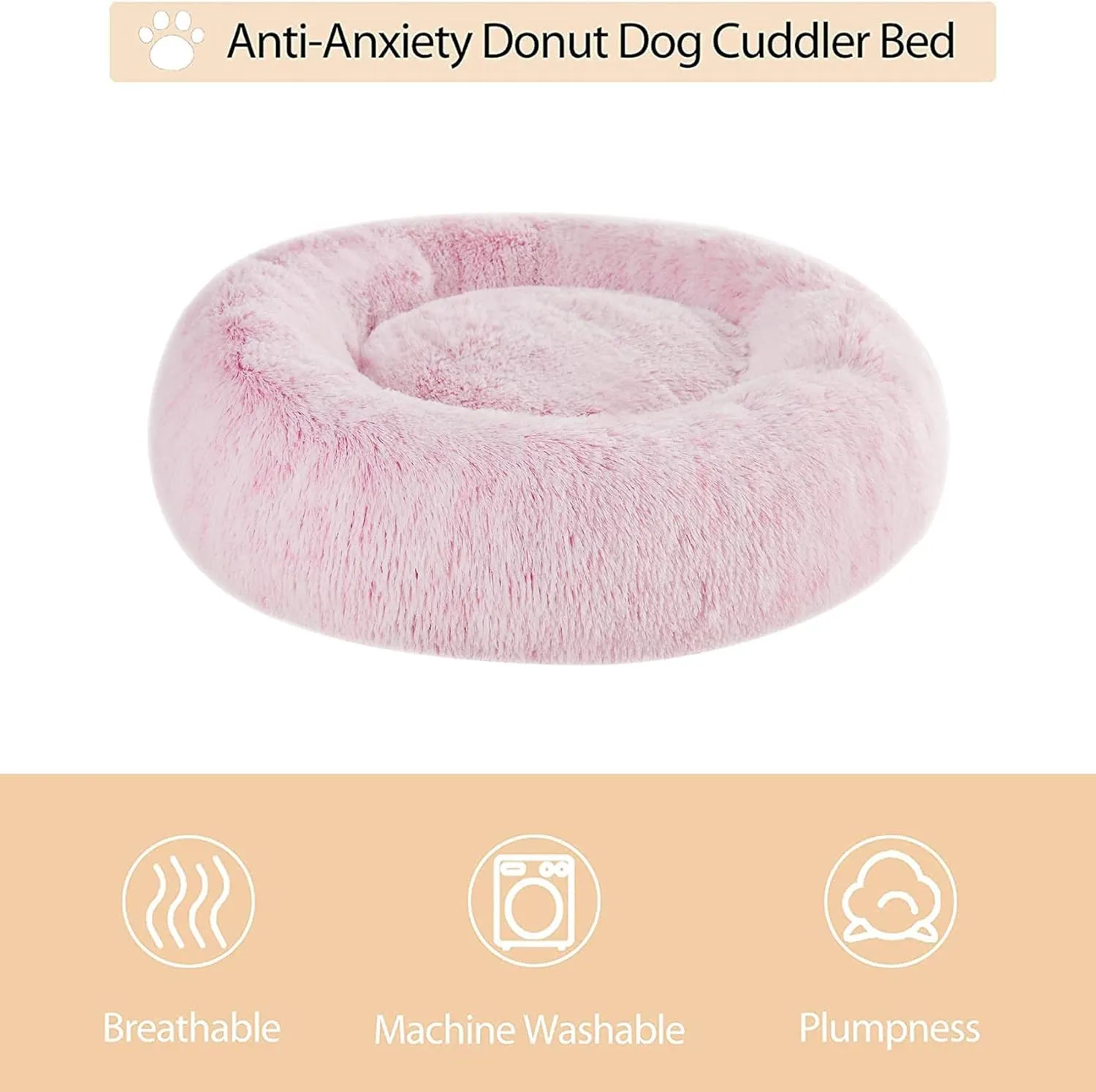 WNPETHOME Calming Dog Bed Cat Bed Donut, Faux Fur Pet Bed Self-Warming Donut Cuddler, Comfortable Round Plush Dog Beds (24 x 24 x 8 Inch, Light Pink)